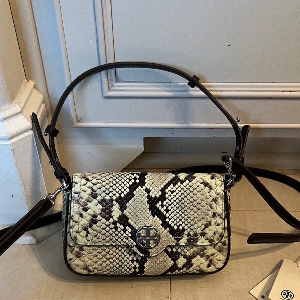 Tory Burch Snake-Print Shoulder Bag in Cream, Black and Brown
